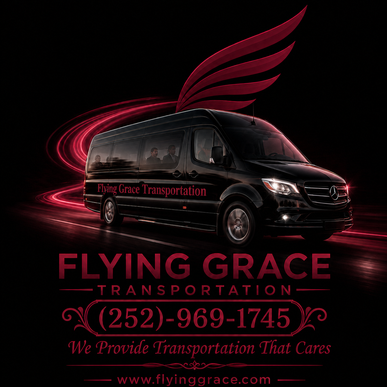 Flying Grace Transportation logo, phone and Transportation That Cares tagline